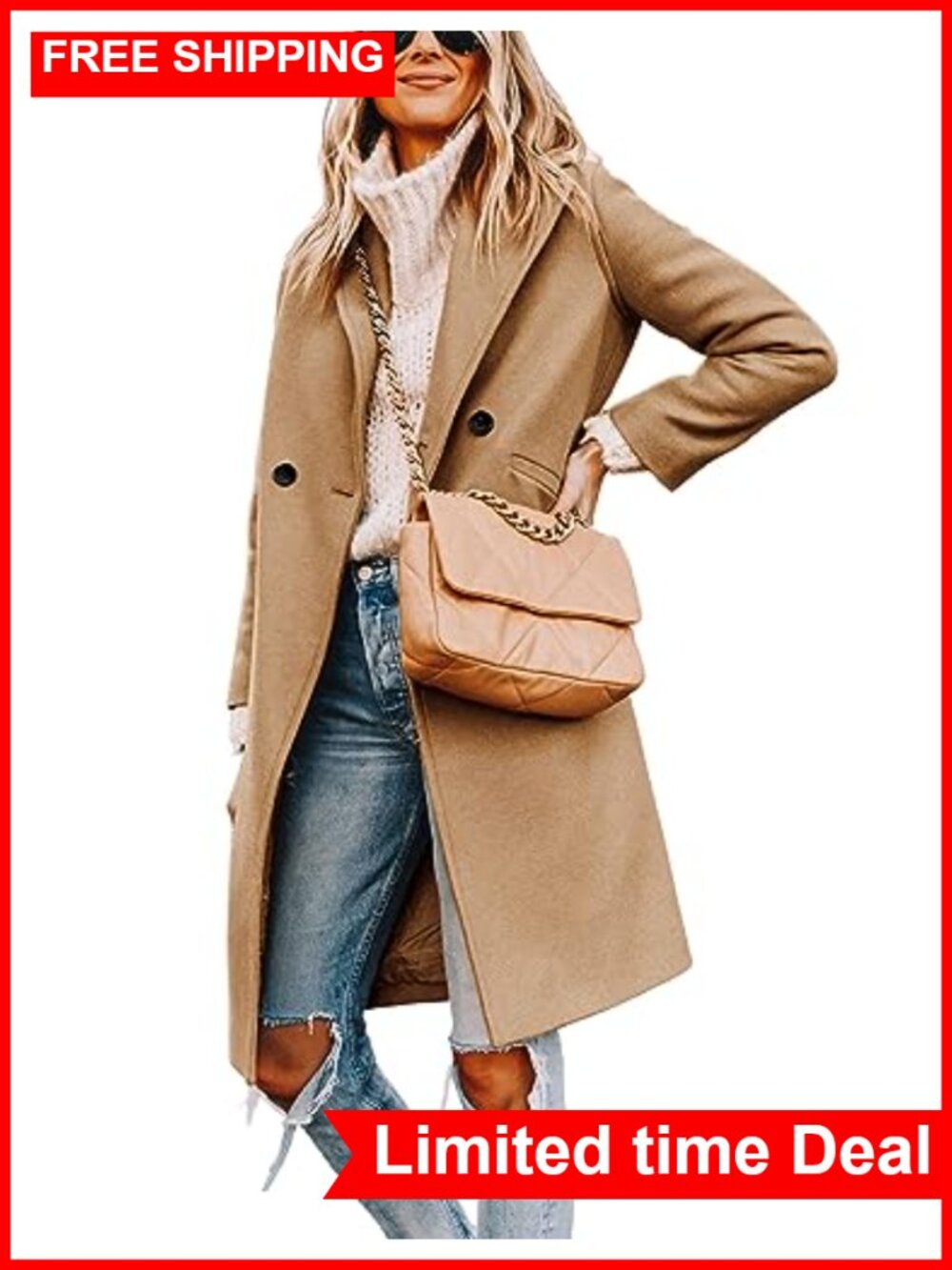Wool Blend Pea Coat Notch Lapel Double-Breasted Knee Length Winter Coat